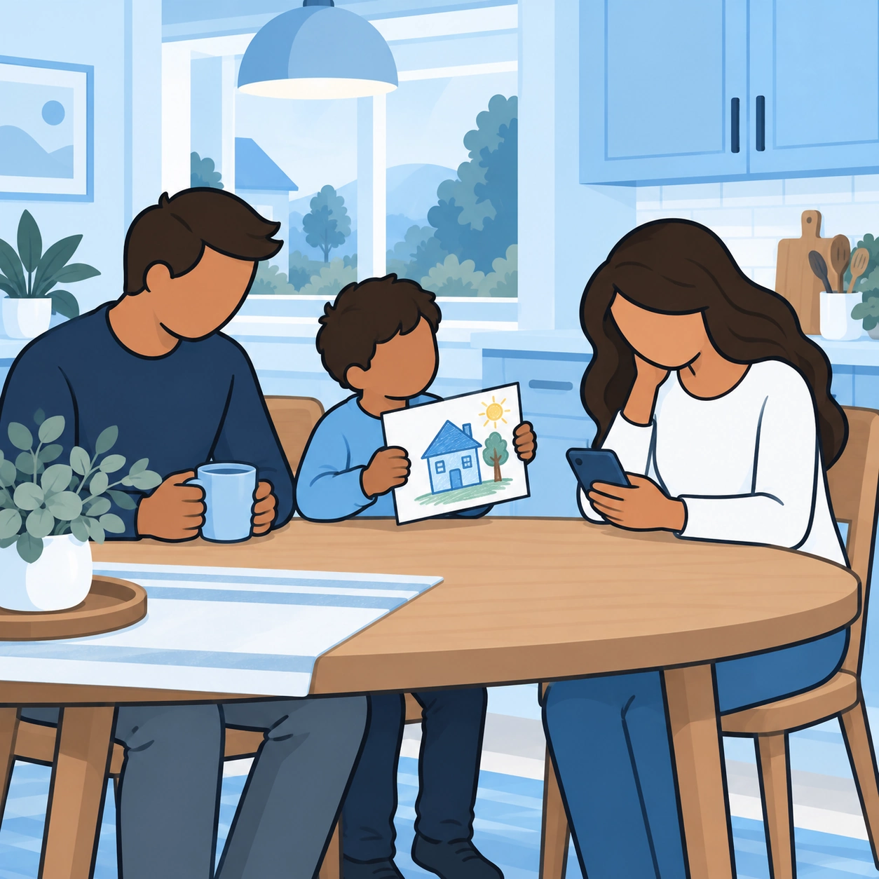 A mother looks at her phone while her child shows a drawing at the family table.