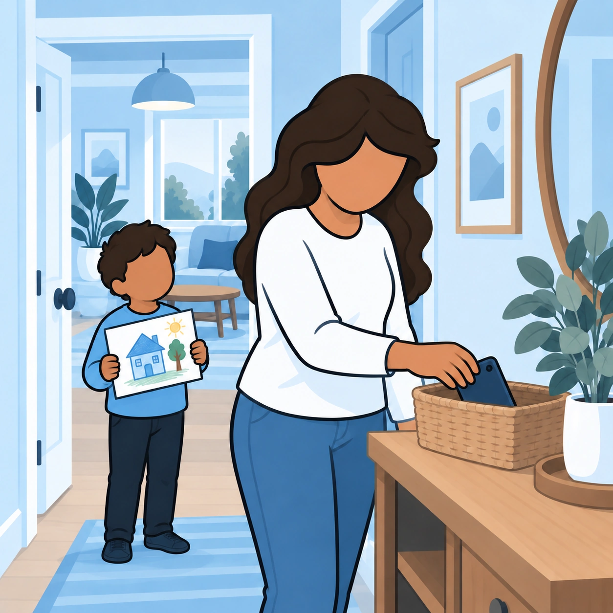She places the phone in a basket on a low hallway console.