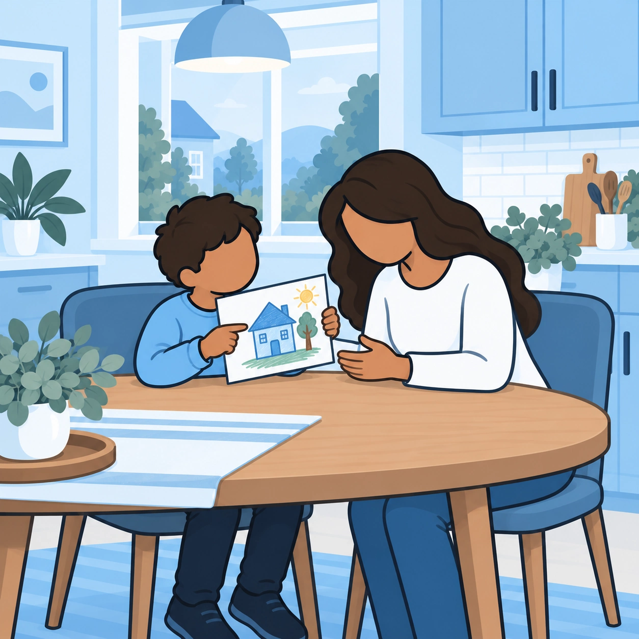 She listens to the child explain the drawing.