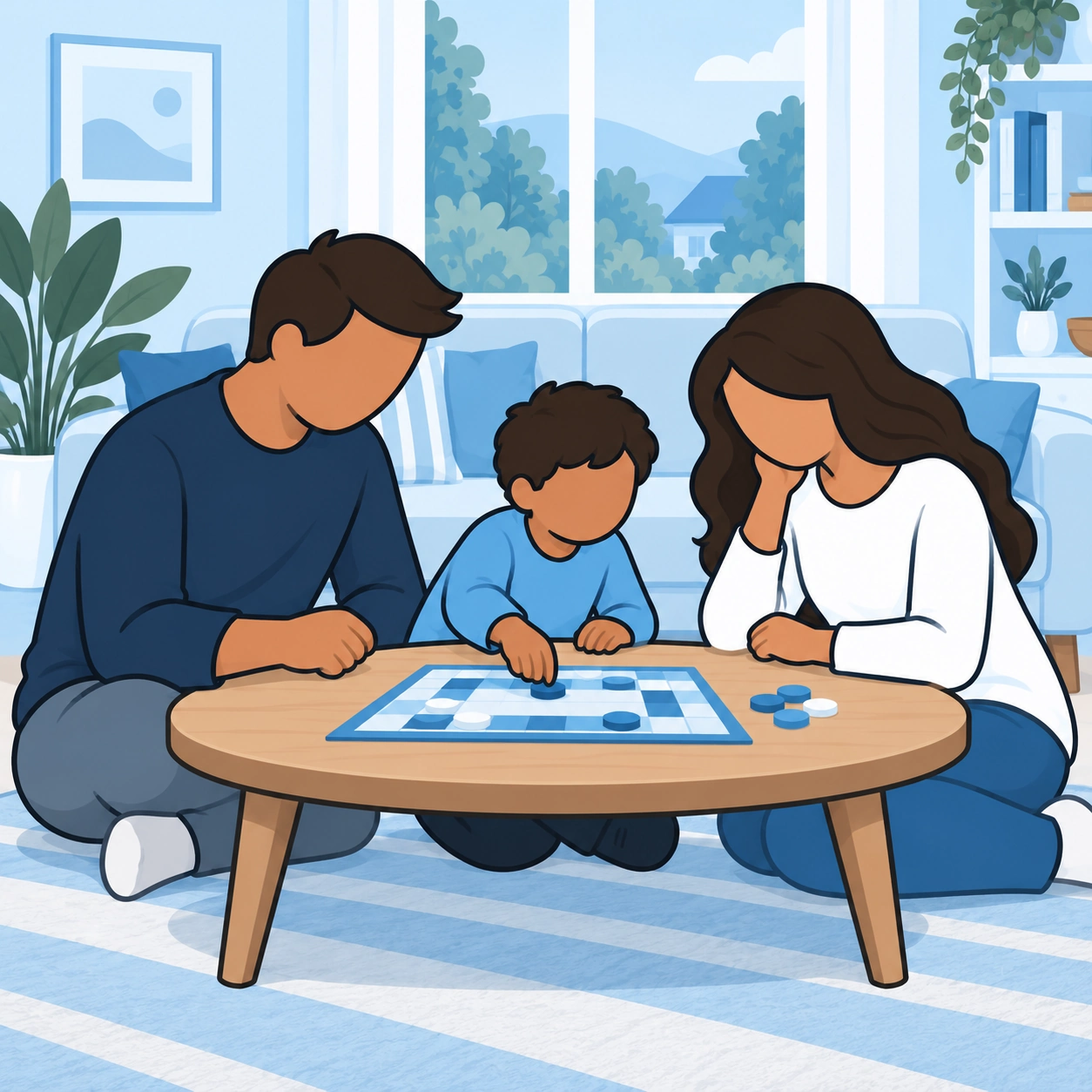 She plays a board game with the child and another adult.