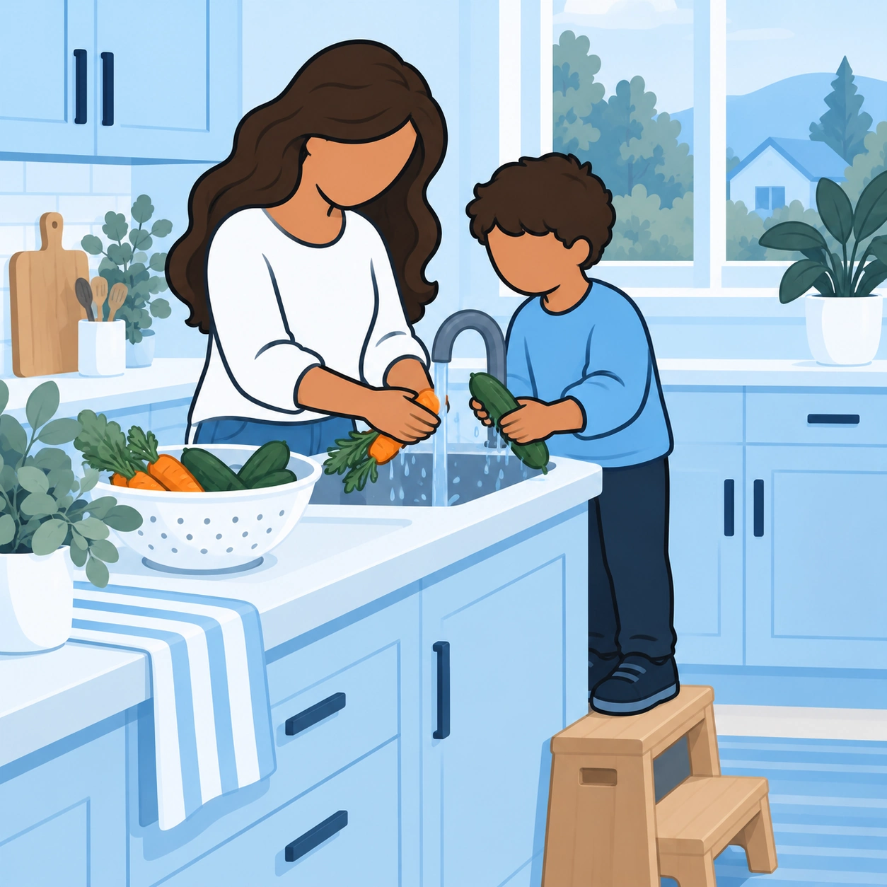 She and the child wash vegetables at the kitchen sink.