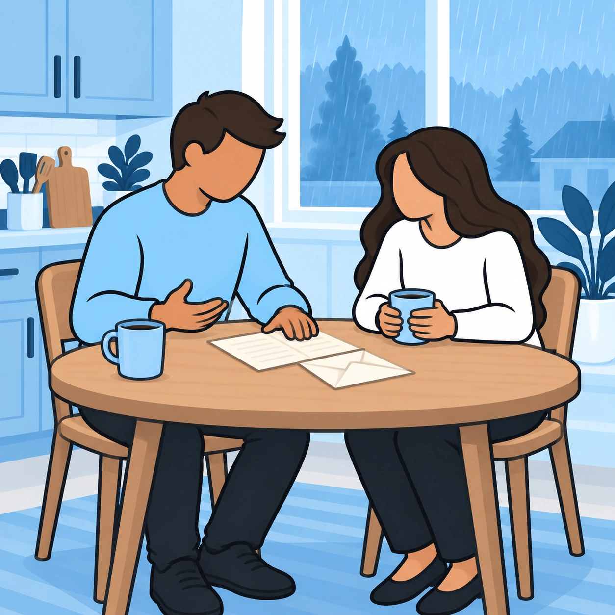 The man discusses the letter with a woman over tea.