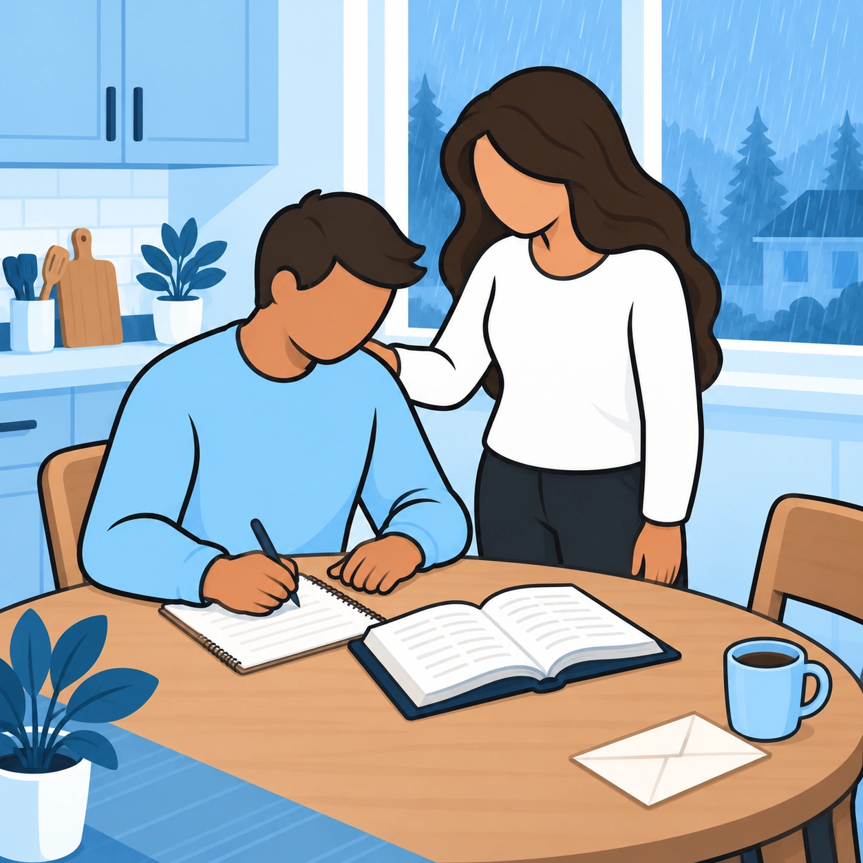He writes beside an open Bible while the woman stands nearby.