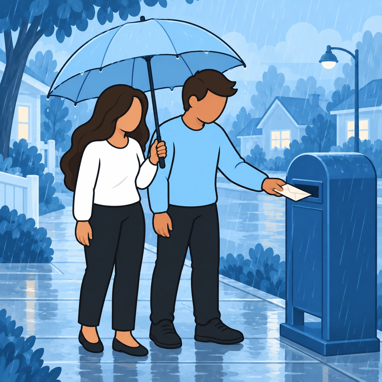 The woman holds an umbrella as the man posts a letter in the rain.