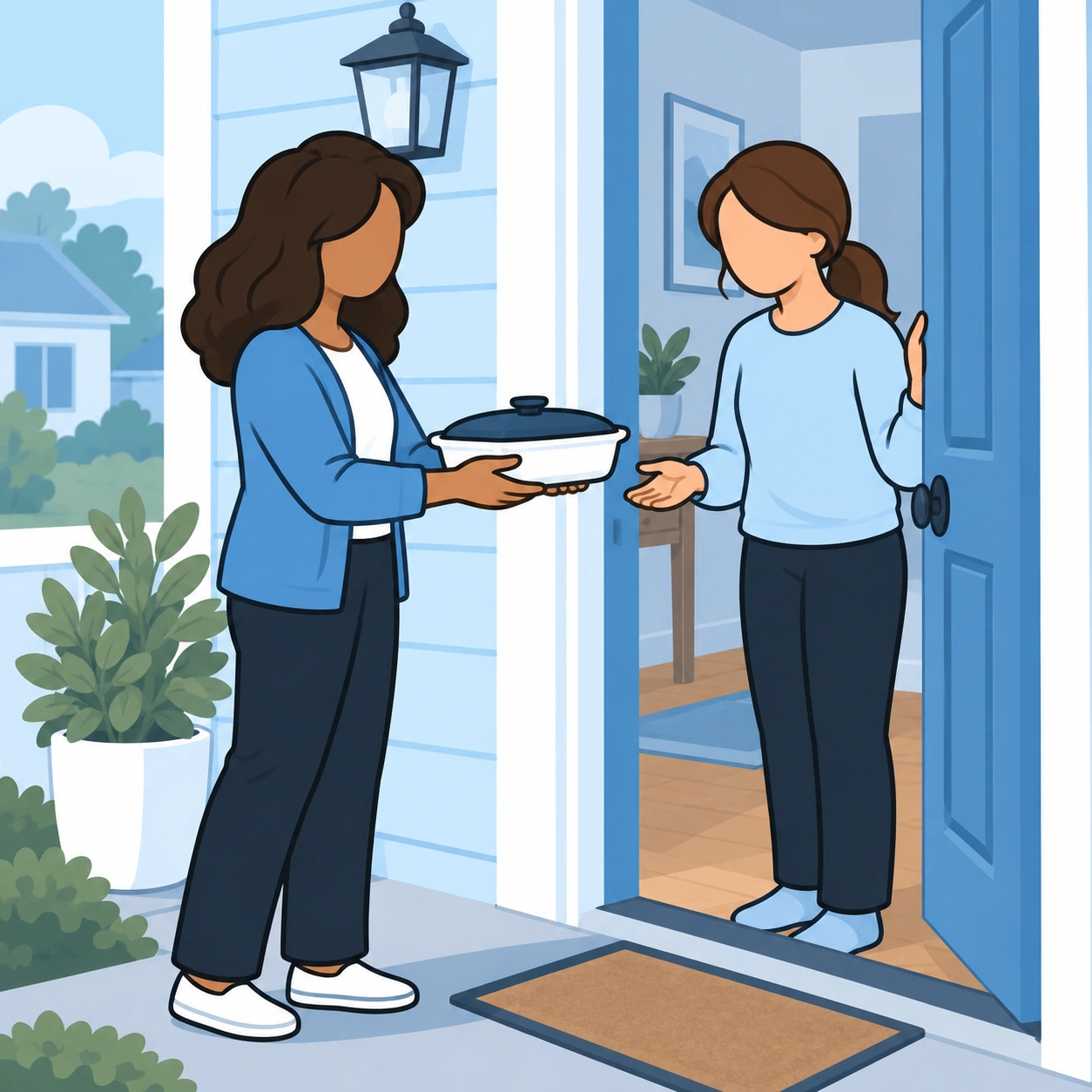 A woman offers a covered meal to her grieving friend at the doorway.