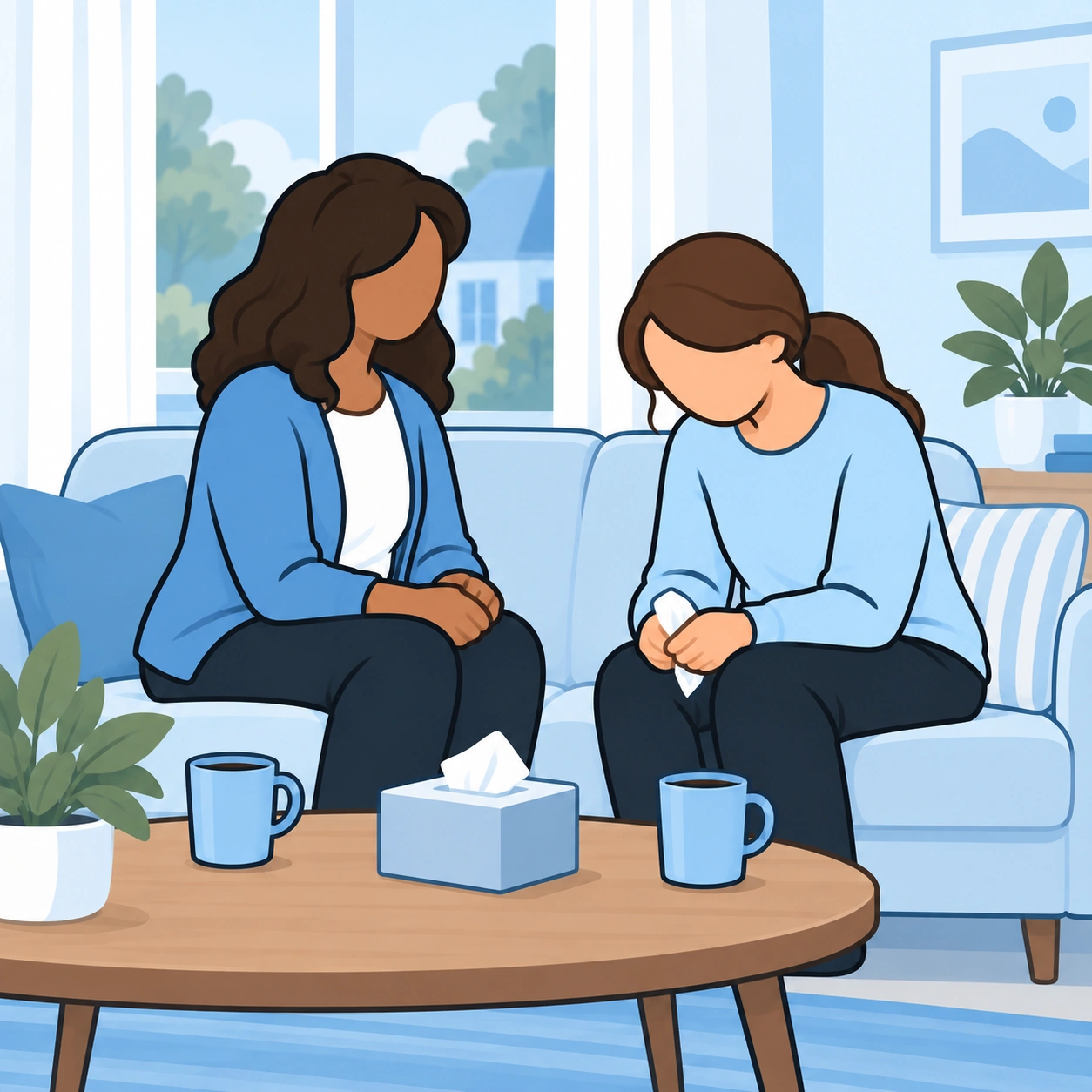 The visitor sits quietly beside her grieving friend, allowing room for sadness.