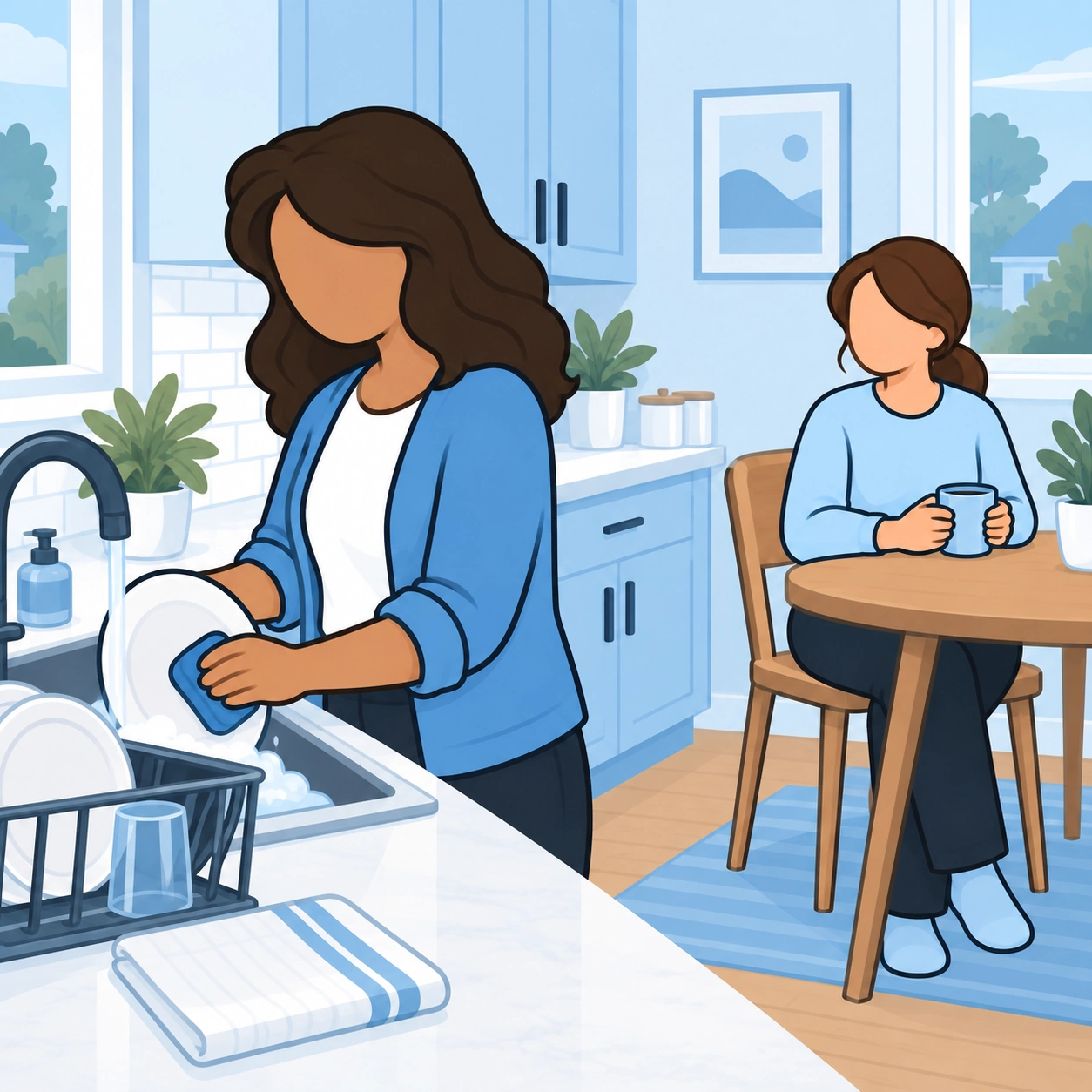 The visitor washes dishes while her grieving friend rests nearby with a mug.