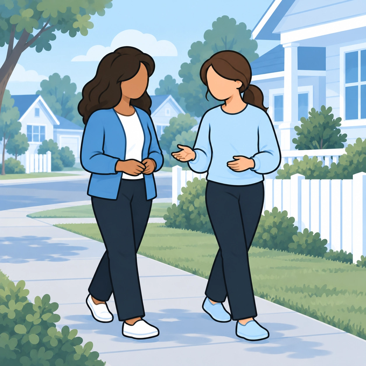 The women continue a quiet conversation during a neighborhood walk.