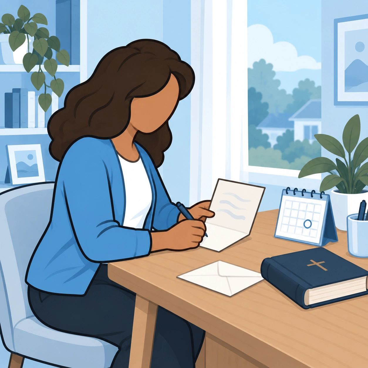 The visitor prepares a card and marks a later check-in on her calendar.