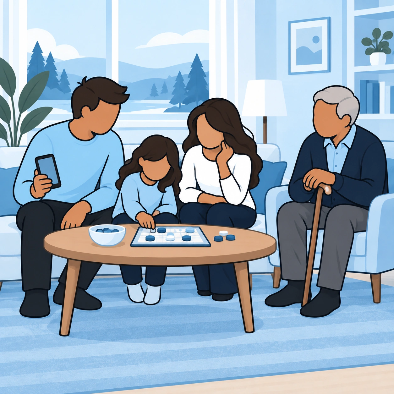 A father balances a phone call with family time beside his wife, daughter, and aging father.