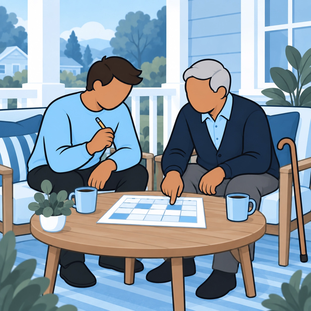 An adult son and his aging father plan support together on a porch.