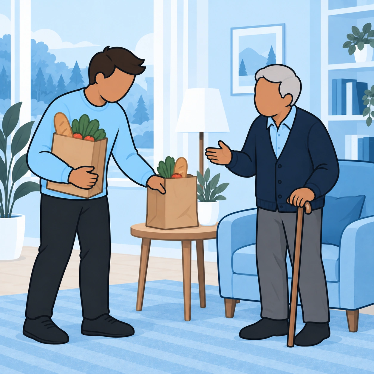 A son brings groceries while his aging father welcomes him with a cane.