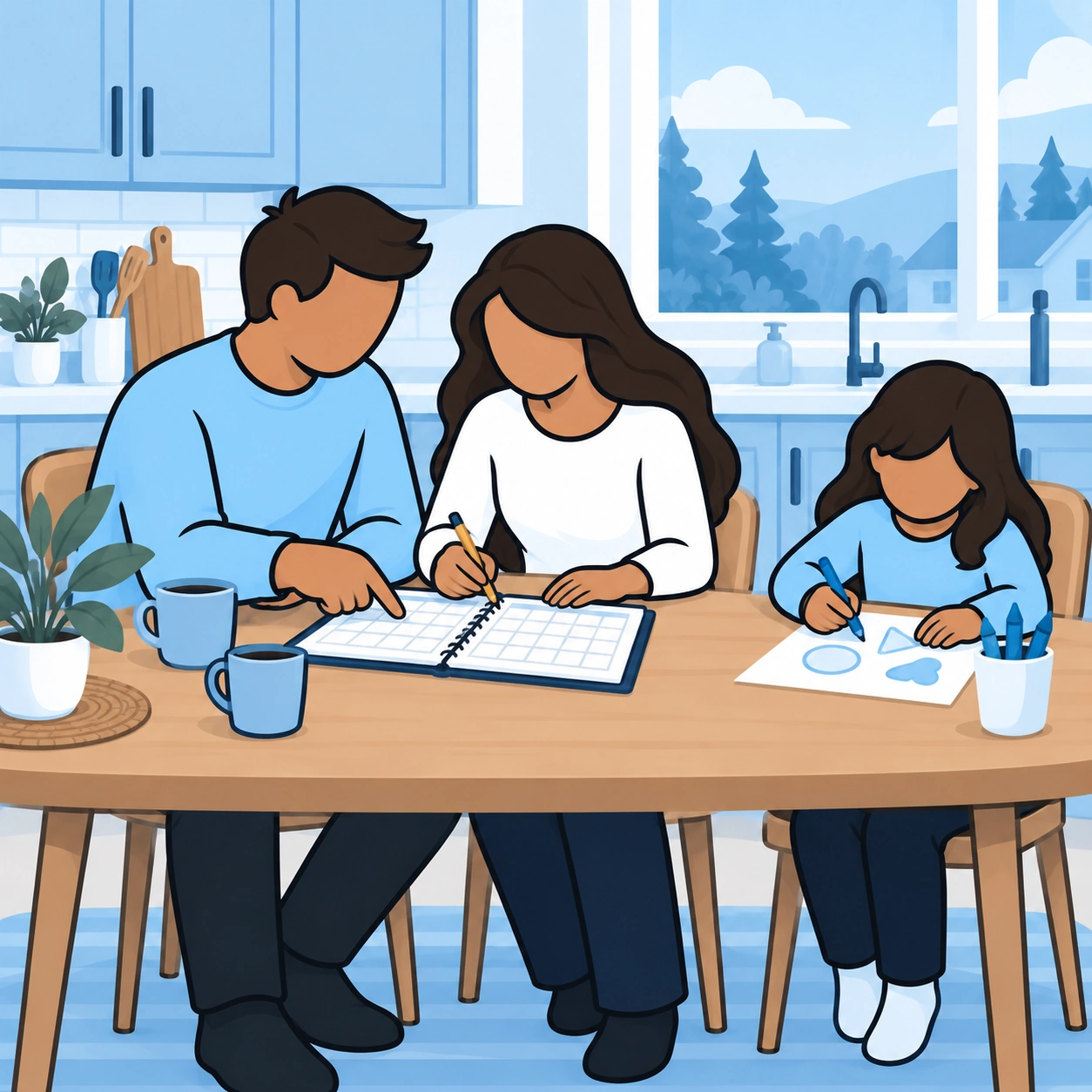 A couple plans their week while their daughter draws beside them.