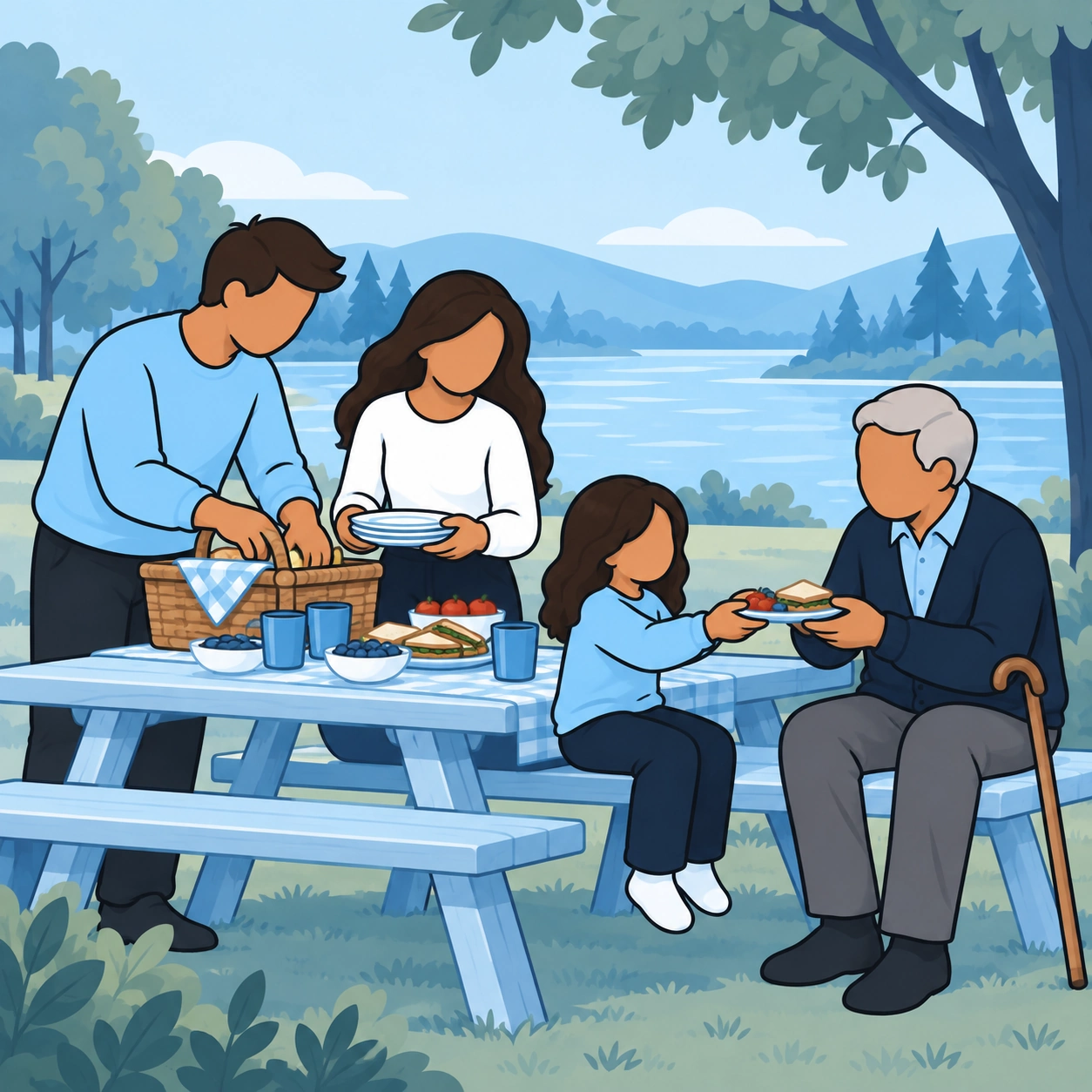 A couple, their daughter, and the aging grandfather share a picnic by a lake.