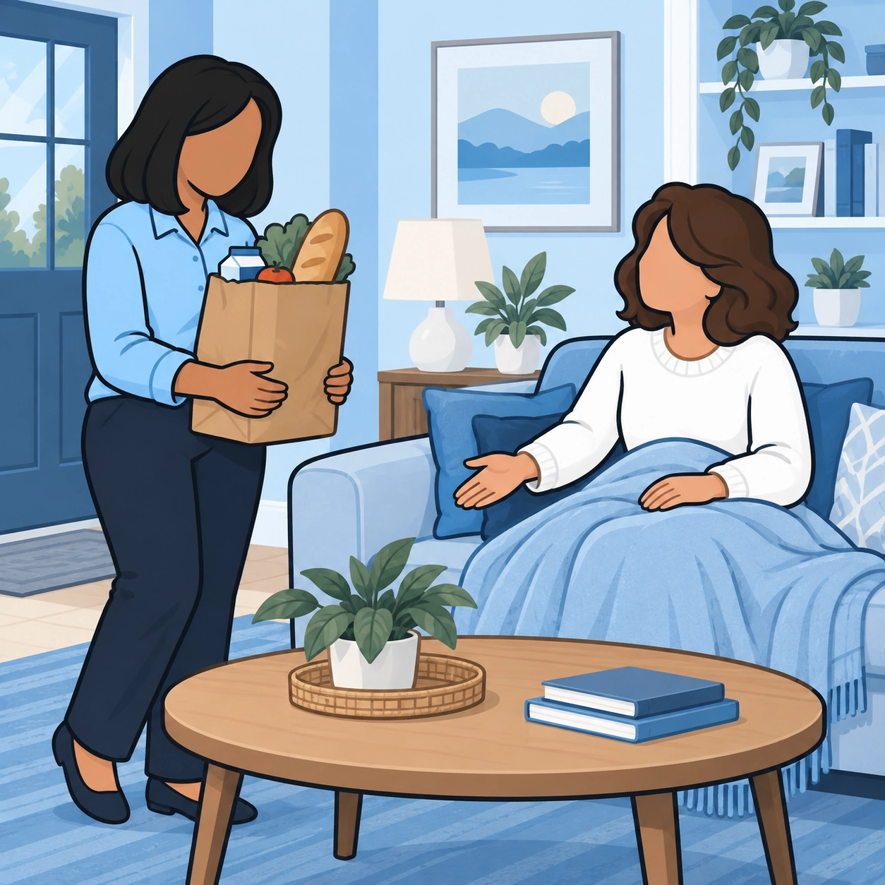 A woman brings groceries while her resting friend indicates where to set them.