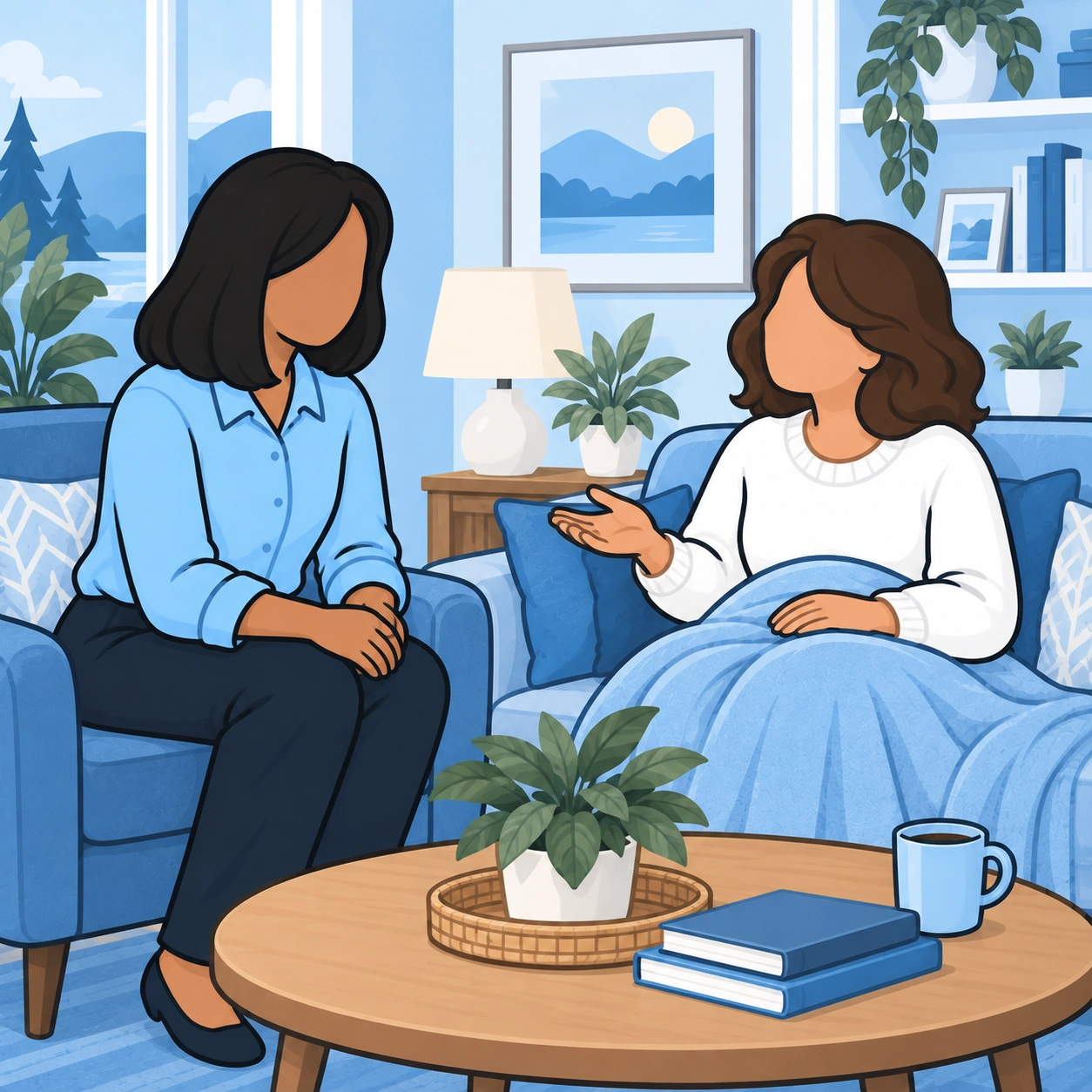 The visitor listens as her friend explains what kind of help would be useful.