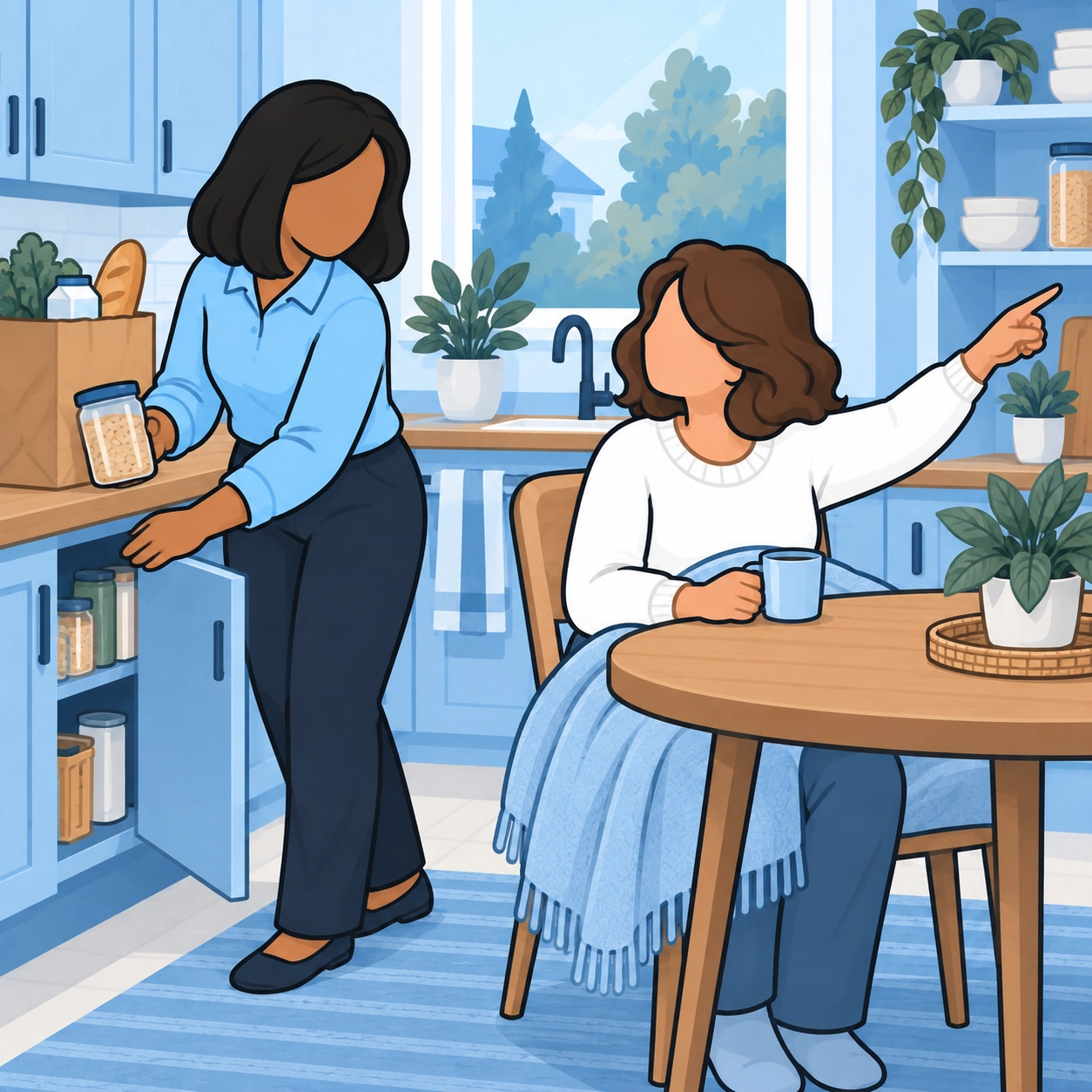 The visitor puts groceries away while her seated friend guides her.