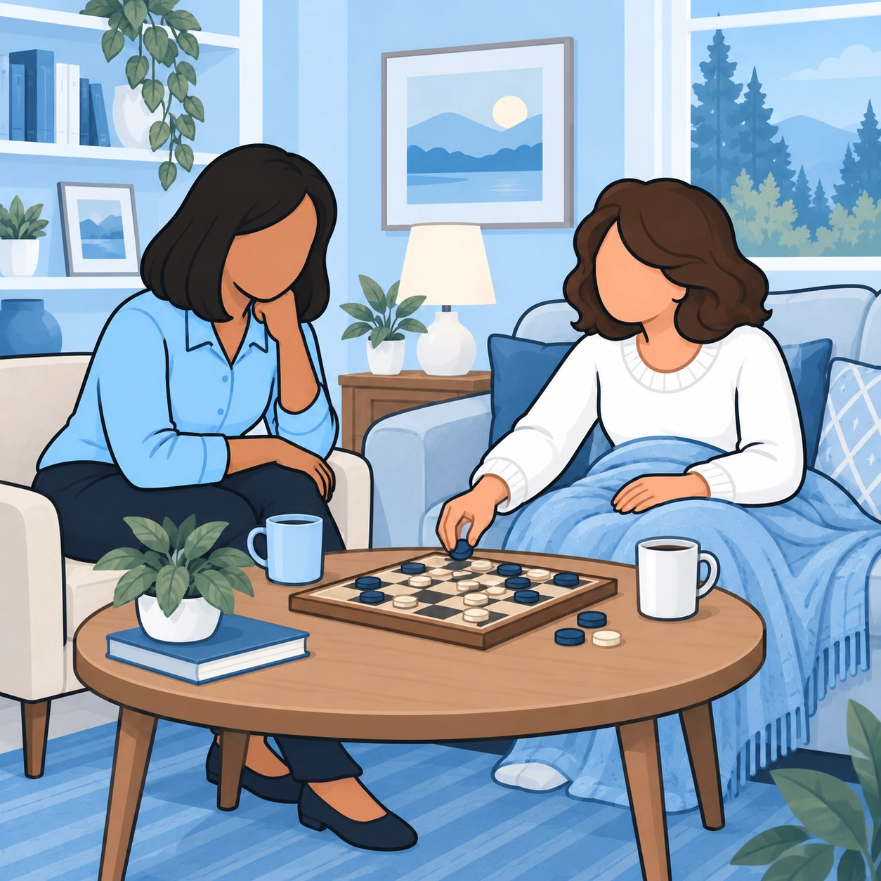 The two friends enjoy a board game during a relaxed visit.