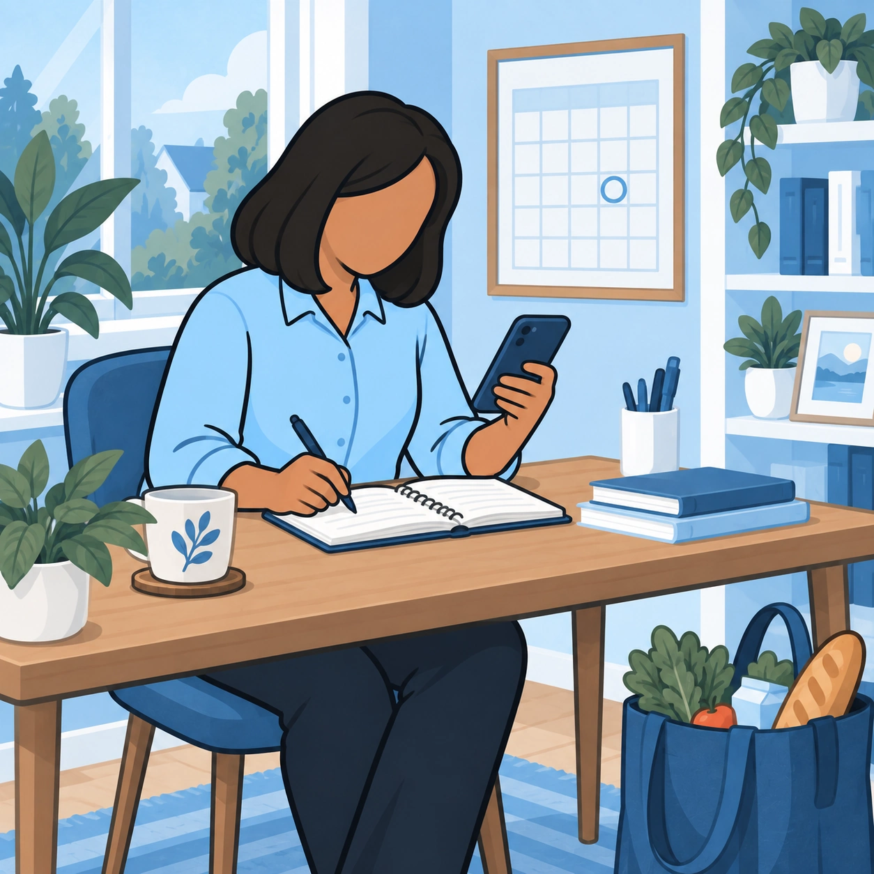 The visitor checks her phone and notebook to plan dependable ongoing support.