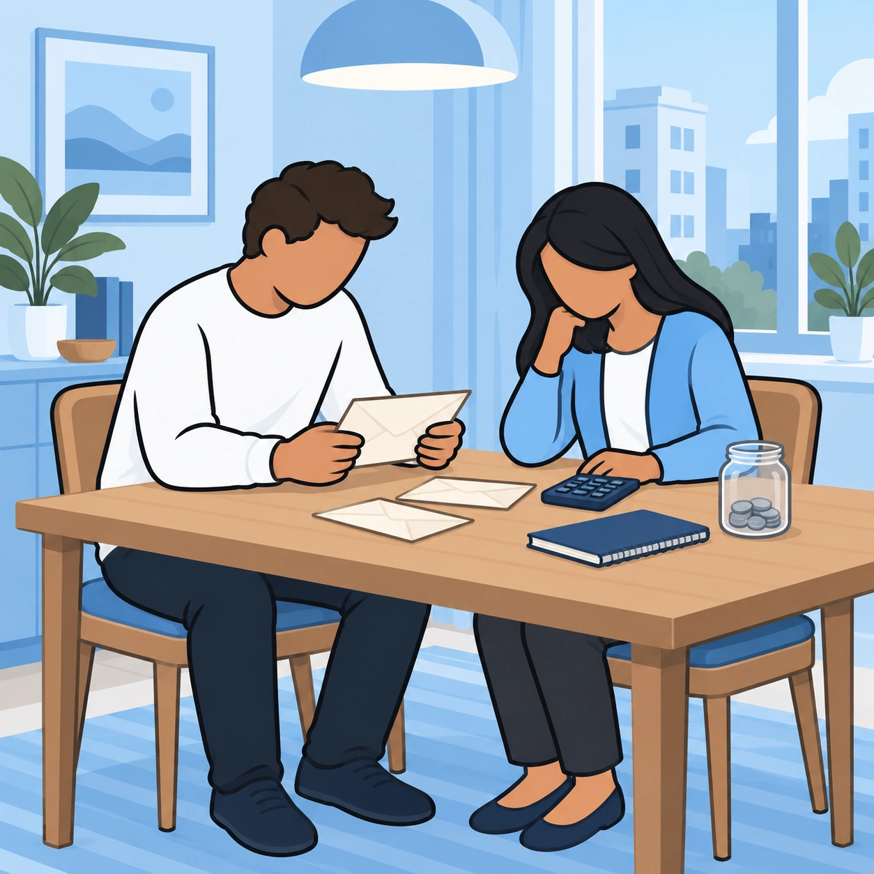 A husband and wife sit beside household bills, a calculator and a savings jar as they begin a conversation about money.