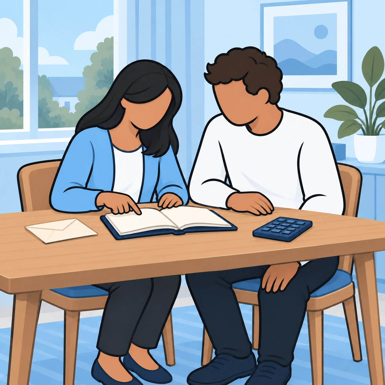 Spouses sit together and review a shared household plan in a notebook.
