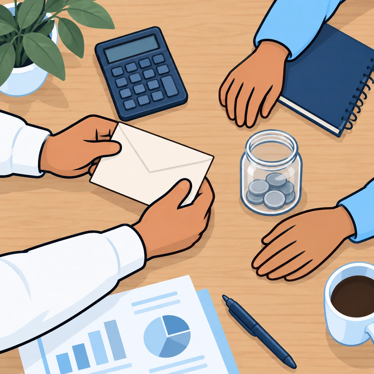 Four hands arrange household envelopes and coins beside a savings jar on a kitchen table.