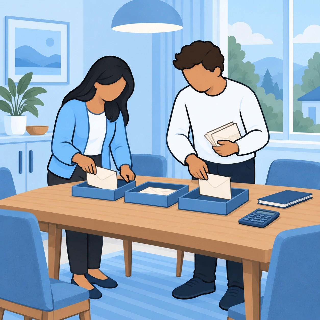 A husband and wife sort household envelopes into three blue trays together.
