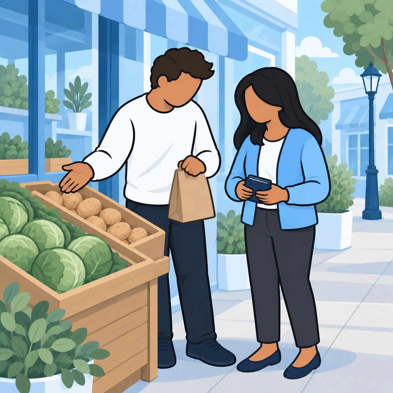 A couple discusses a purchase beside crates of vegetables at a neighborhood produce stand.