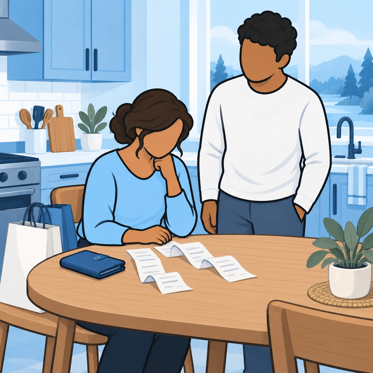 A woman prepares to discuss receipts and shopping with her spouse at the kitchen table.