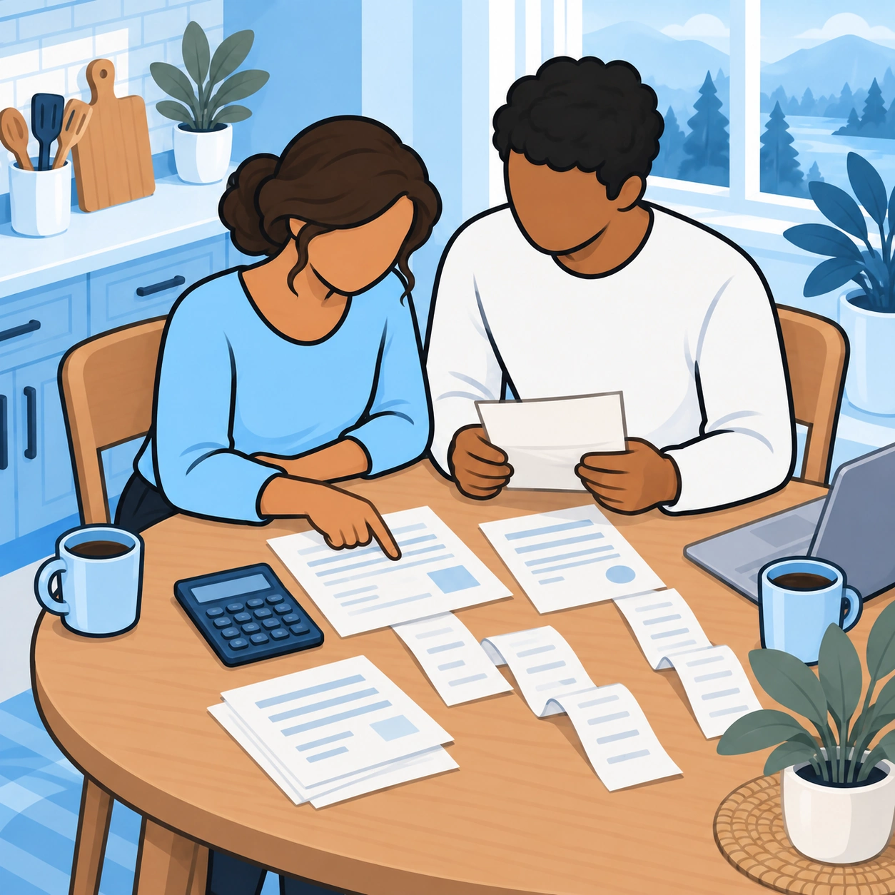 They review receipts and account papers together with a calculator.