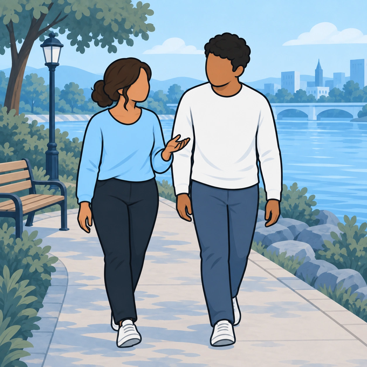 The couple continues a calm conversation while walking beside the river.