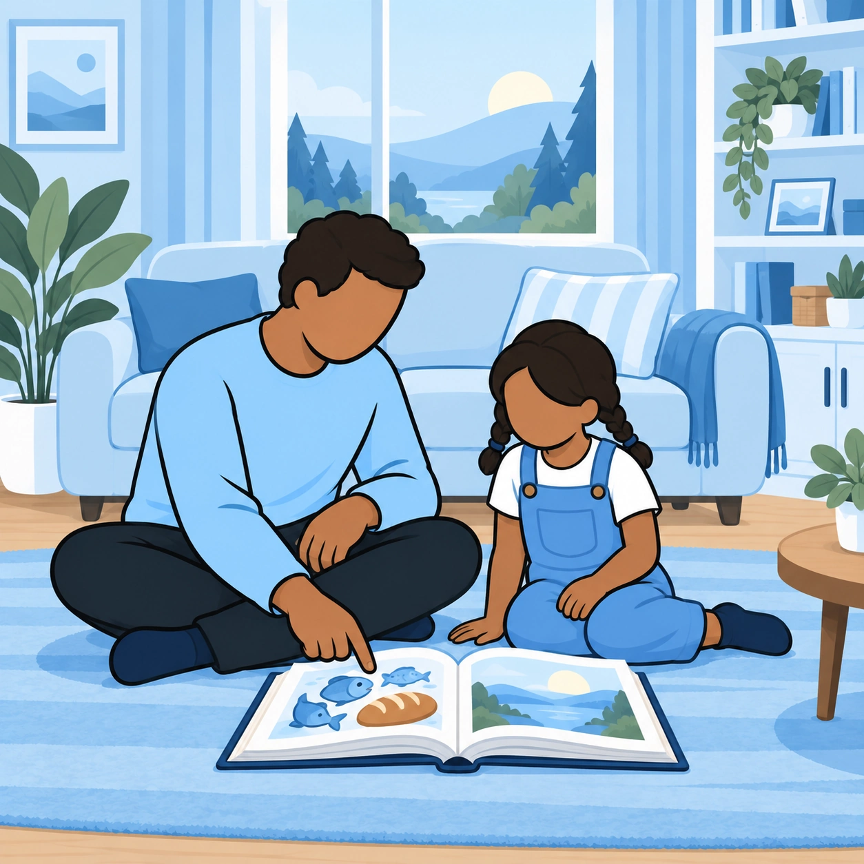 A father and young daughter explore an illustrated Bible together on a blue living-room rug.
