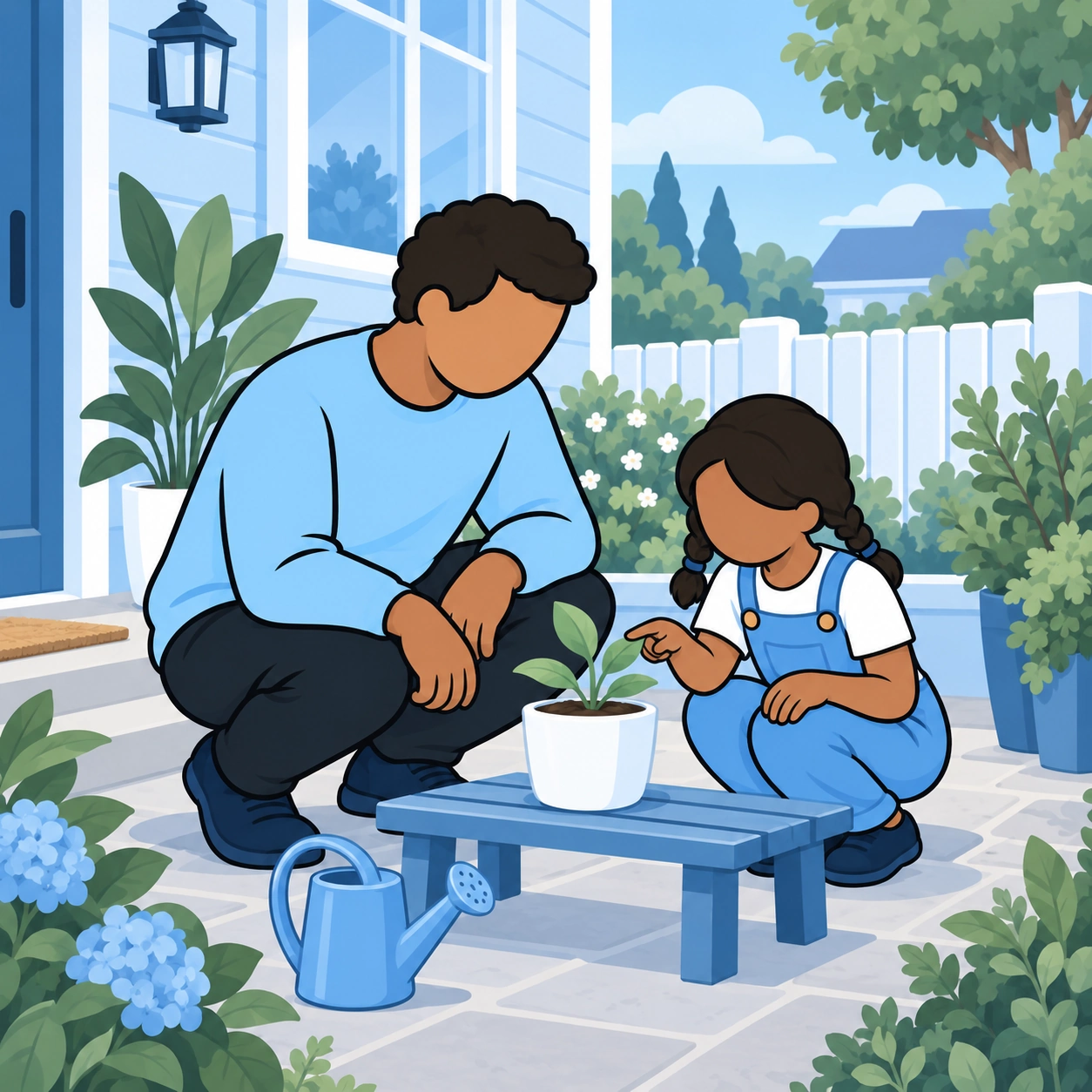 A daughter examines a seedling while her father crouches nearby and watches patiently.