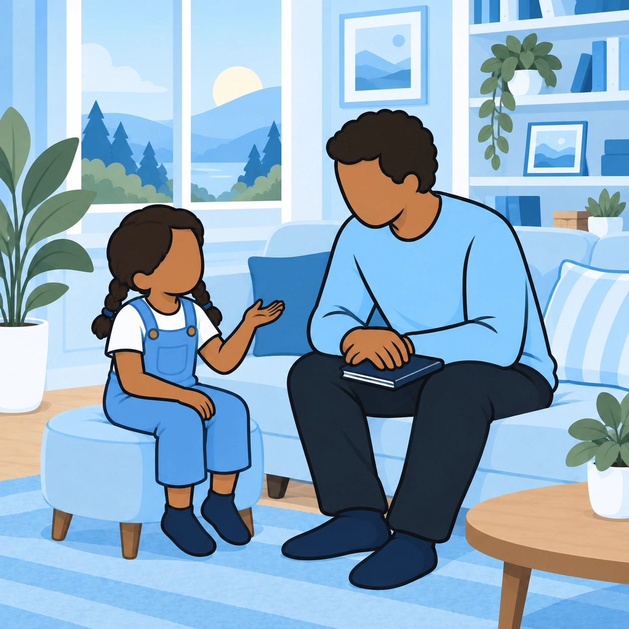 A young daughter asks a question as her father listens with a closed book on his lap.