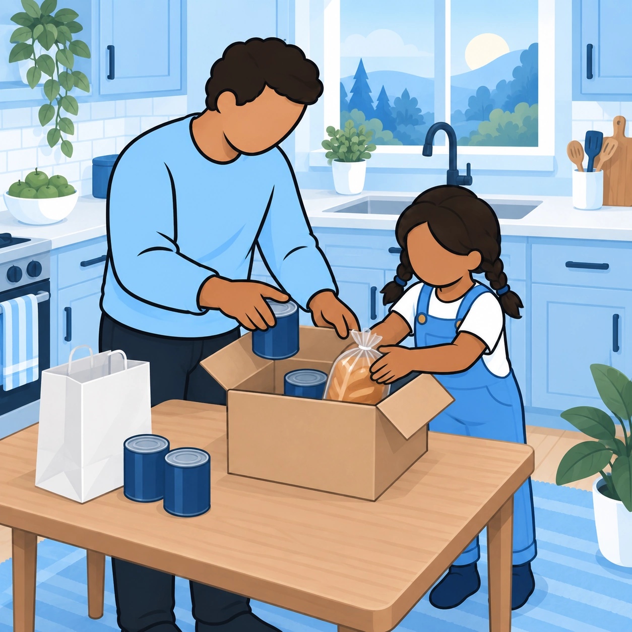 A father and daughter pack bread and tins into a food parcel together.