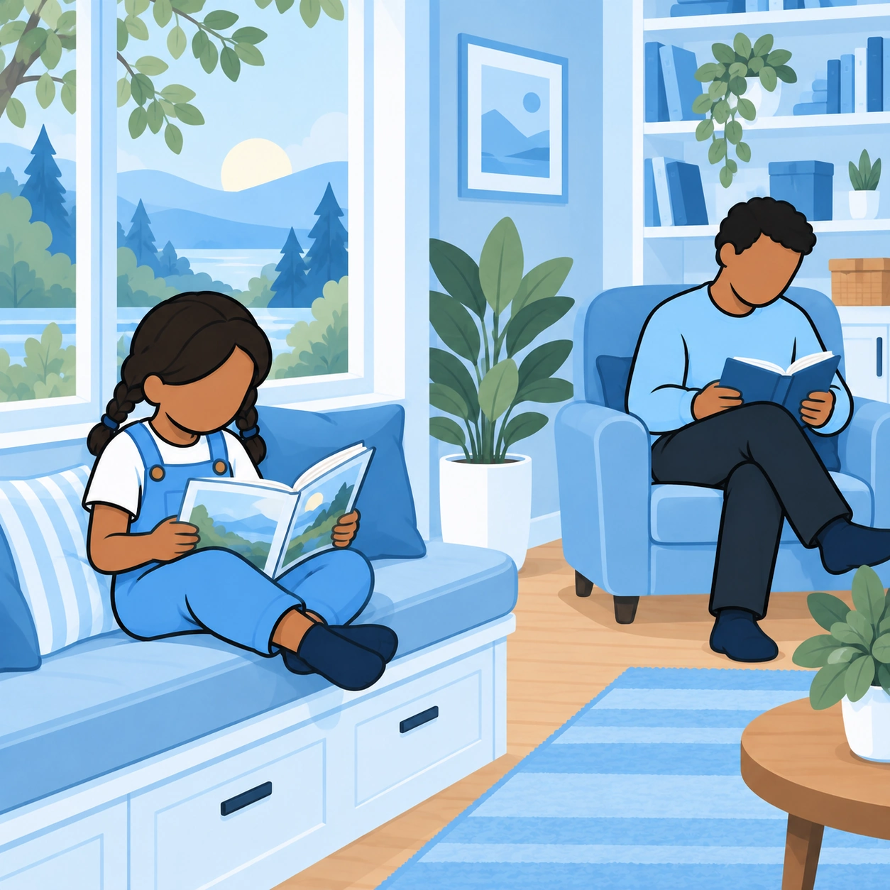 A daughter reads by a window while her father reads in a separate chair nearby.