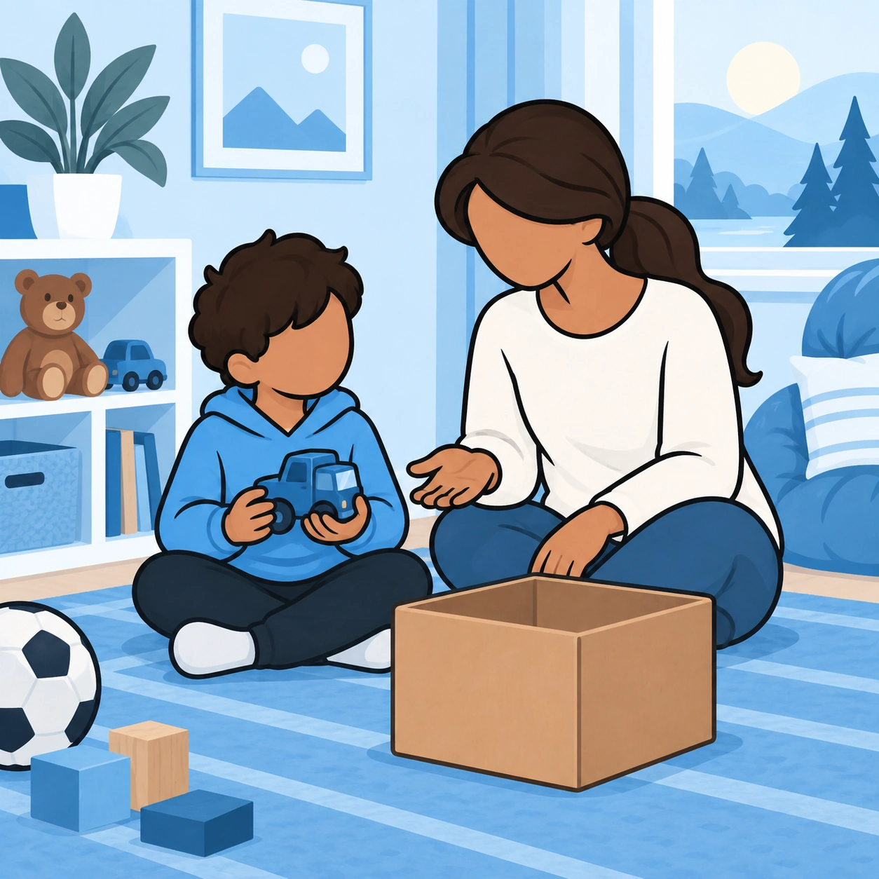 A mother gives her child time to choose whether to donate a toy truck.