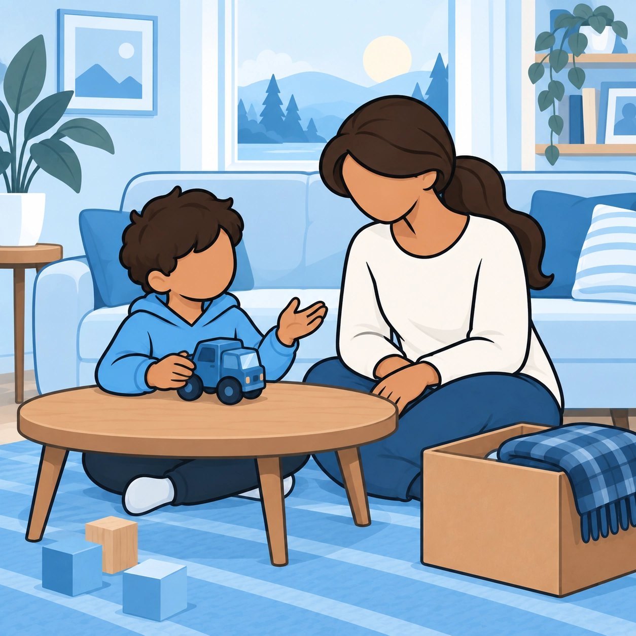 She listens at the child's level while the child plays with the truck.