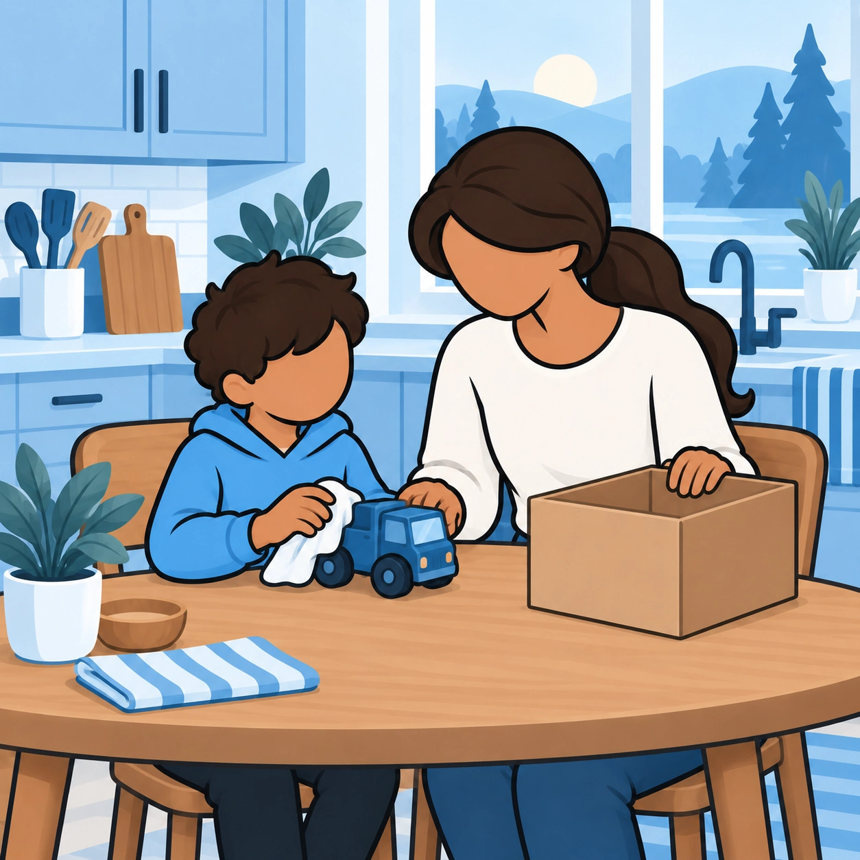 Mother and child clean the chosen toy so it is ready to give.