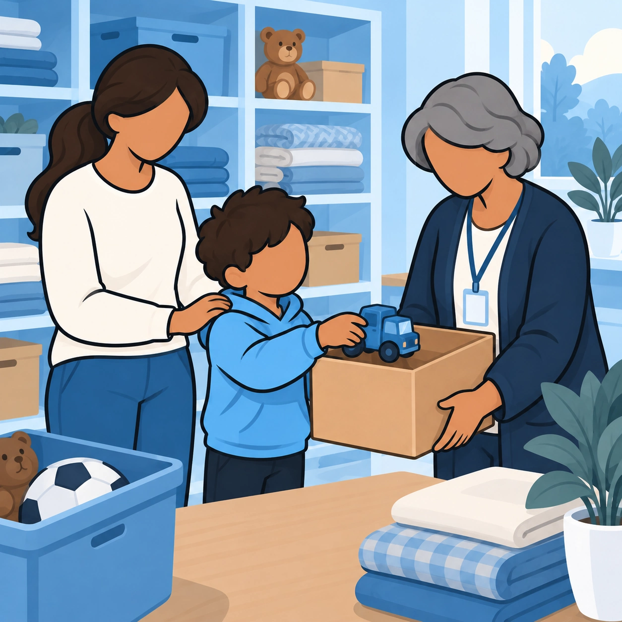 The child offers the toy to a community volunteer with the mother nearby.