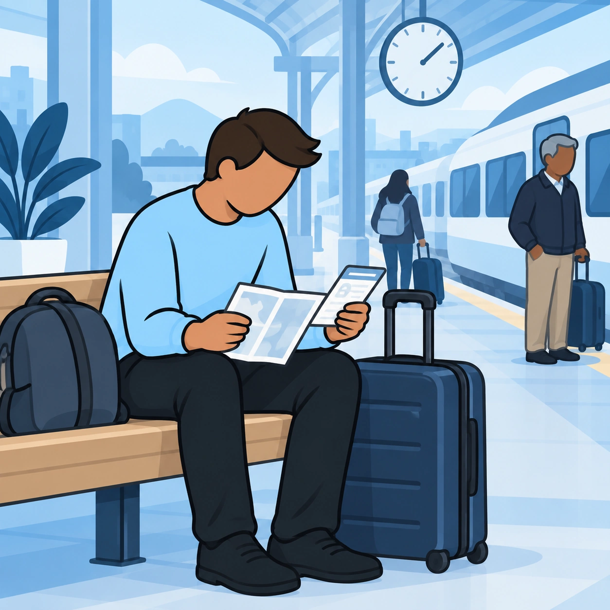 A man waits with luggage and travel papers in a railway station.