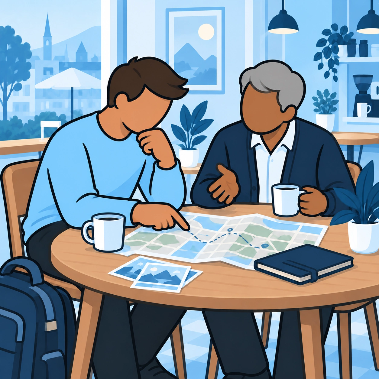 He talks over a map with an older traveler at a cafe table.