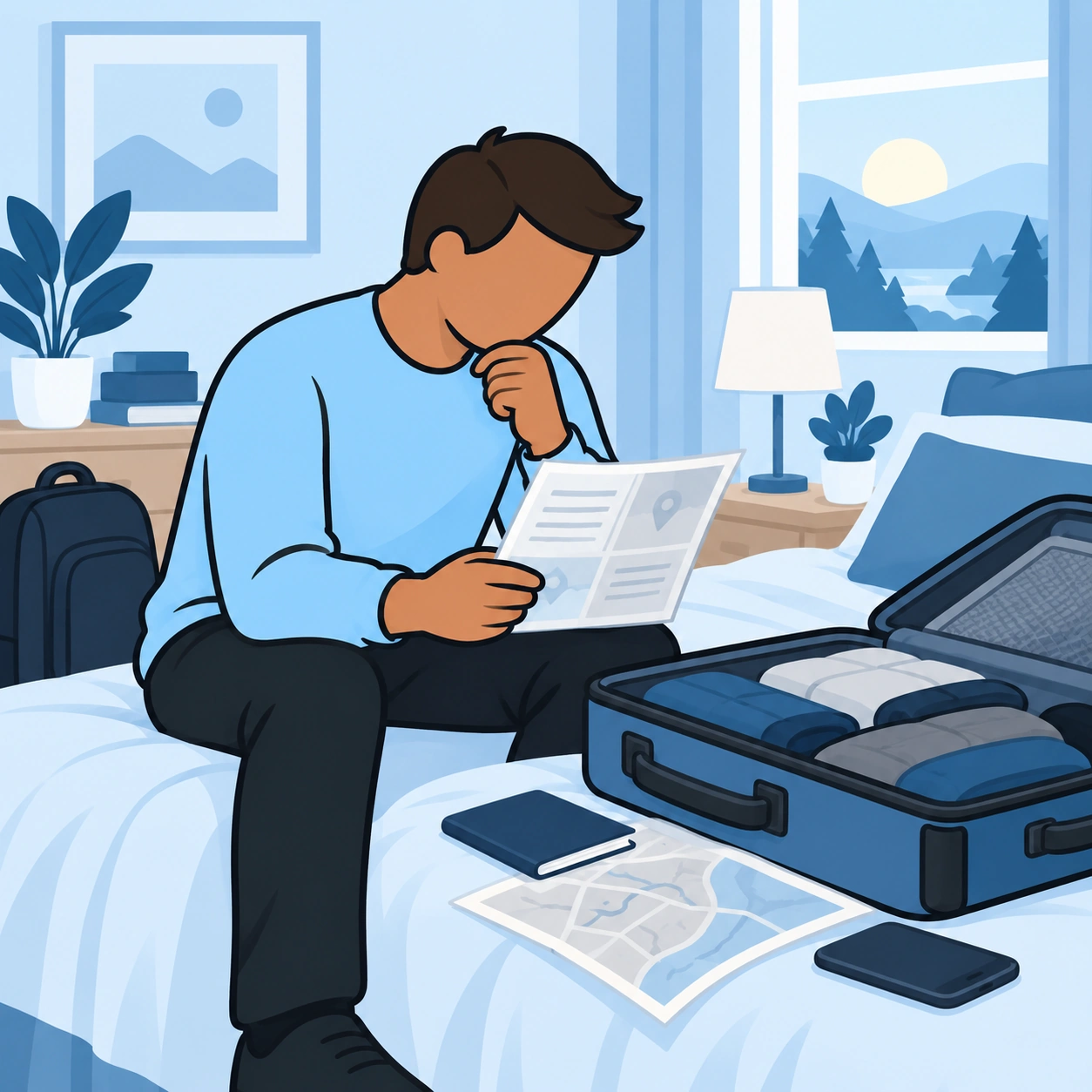 He studies a paper beside an open suitcase at home.