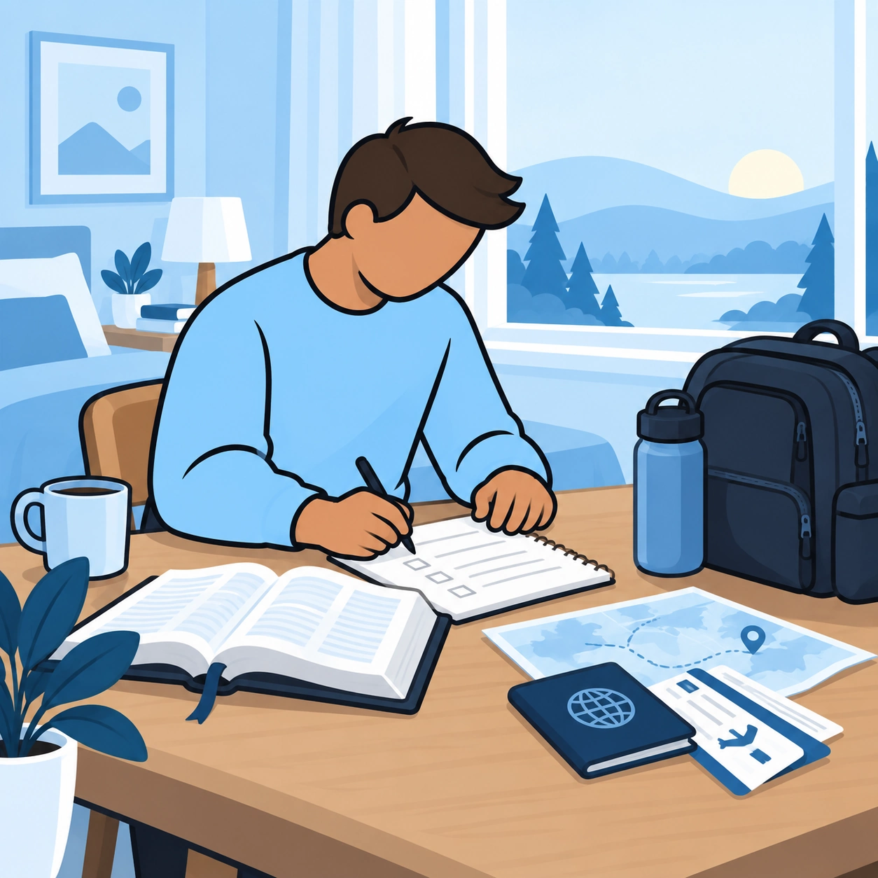 He writes a plan beside an open Bible and a packed bag.