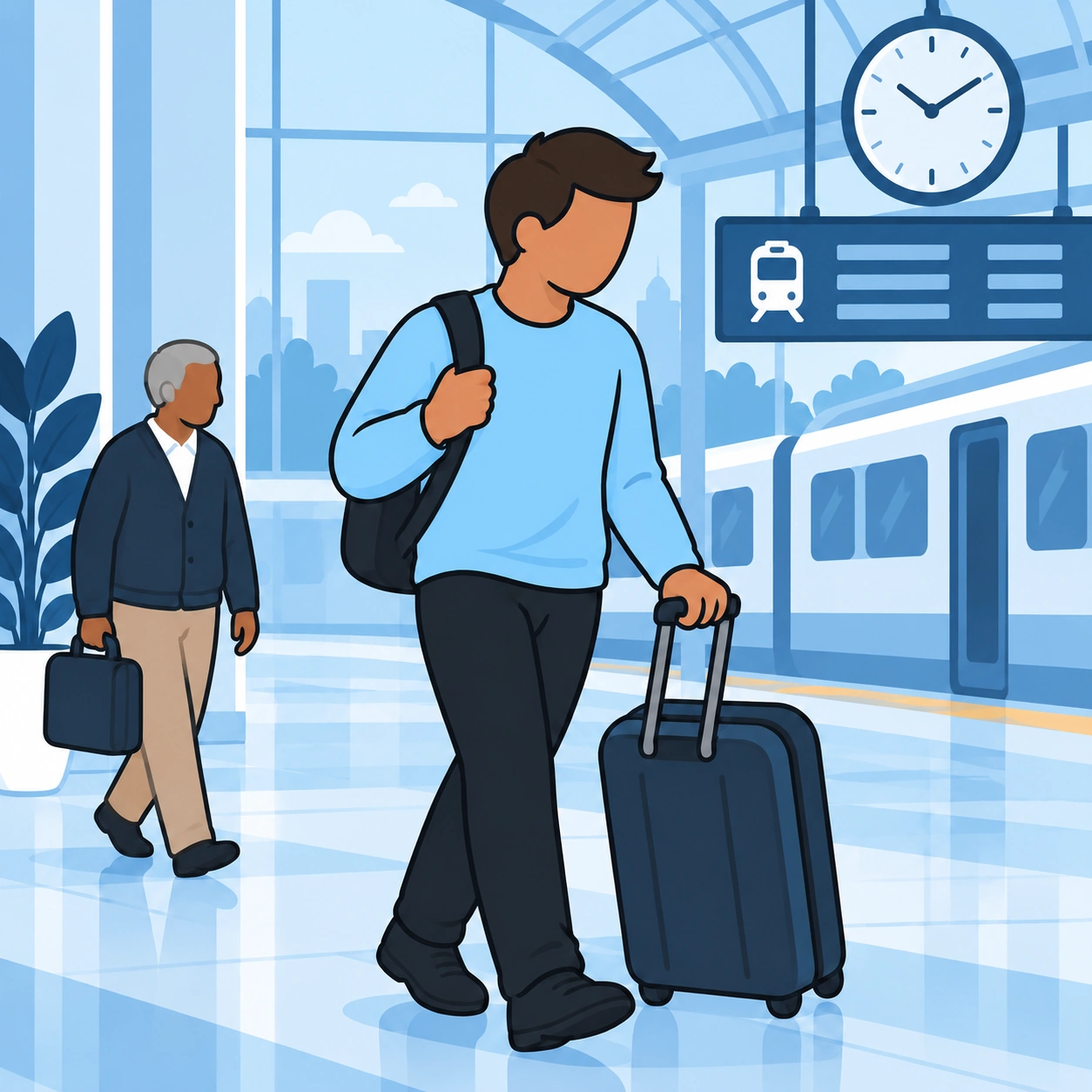 He carries his luggage toward the station concourse.
