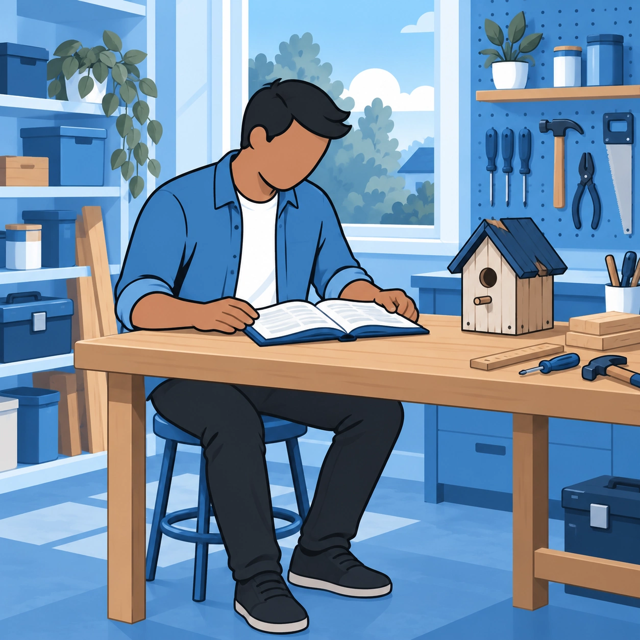A man reads an open Bible at his workshop bench beside a wooden birdhouse needing repair.