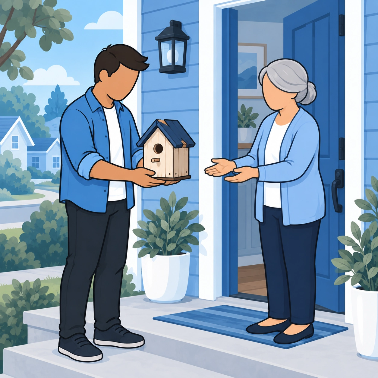 The man brings the wooden birdhouse to an older neighbor at her open doorway.