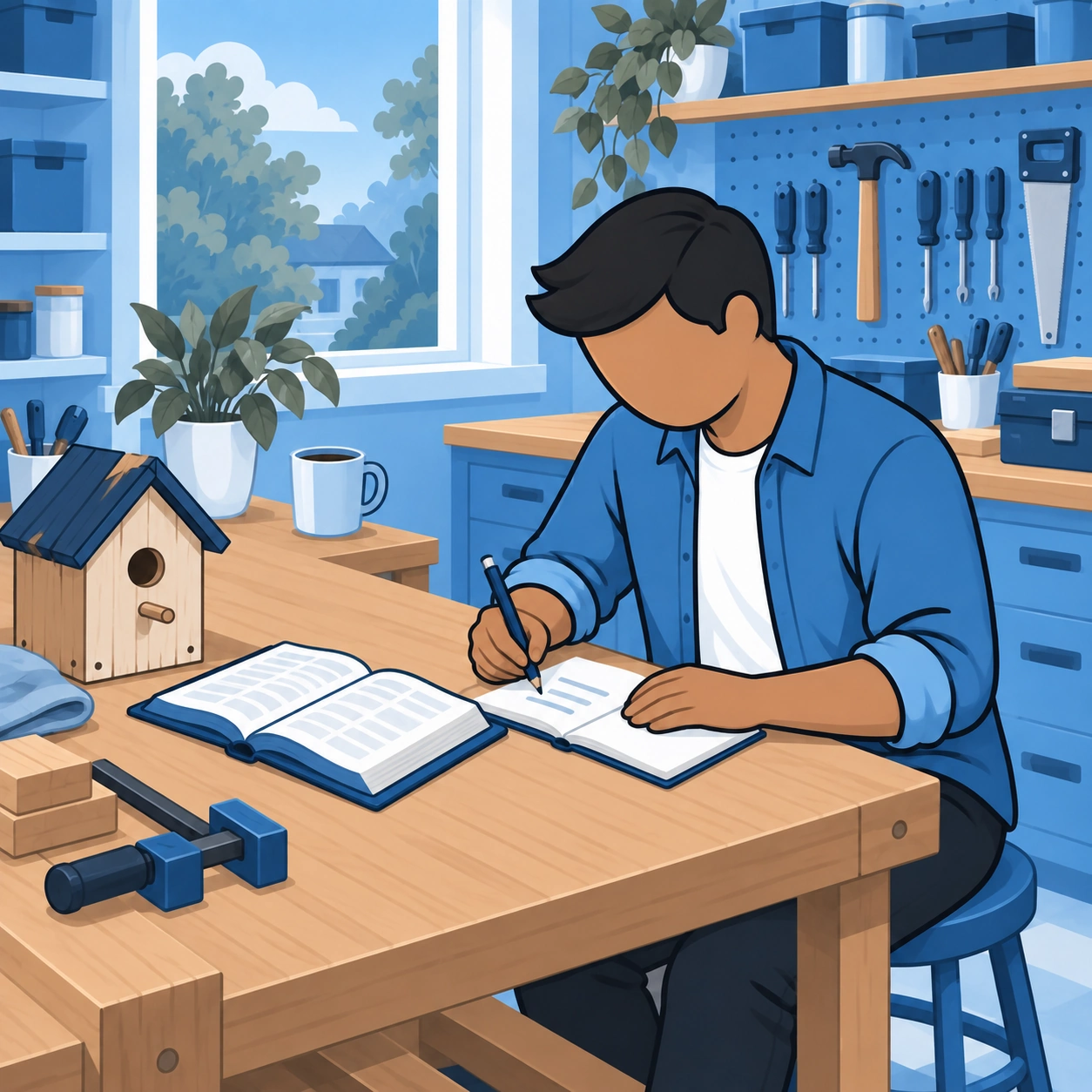 The man writes a practical next step in a notebook beside his open Bible at the workshop bench.