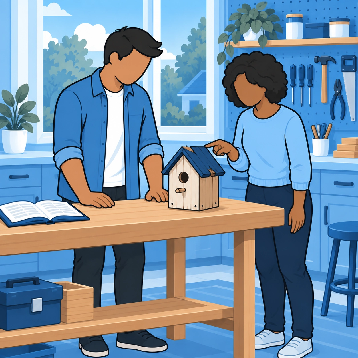 The man listens as a curly-haired friend points out a problem with the birdhouse roof.