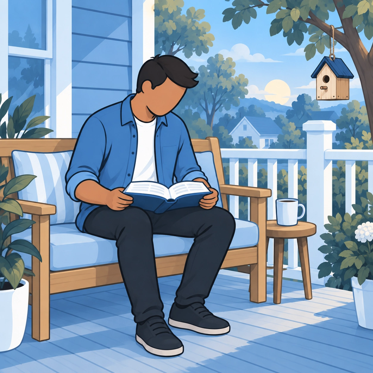 The man reflects with an open Bible on his lap on a porch bench, with the finished birdhouse hanging nearby.